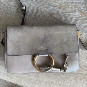Chloé Two-Tone Taupe Leather and Suede Crossbody with Gold Ring